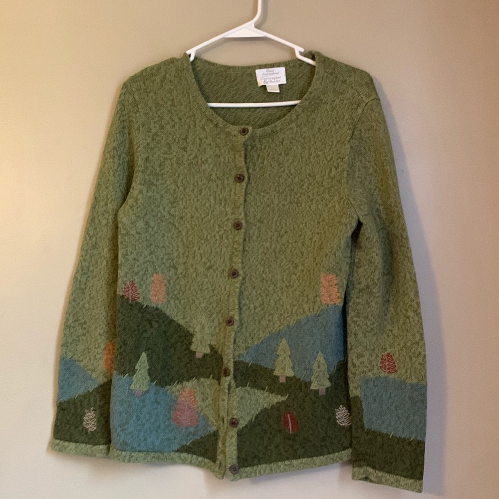 Christopher & Banks Green Scenic Wool Blend Cardigan with Blue and Brown Accents